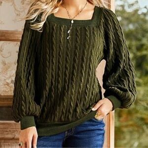 Dark Green Balloon Sleeve Square Neck Tunic by Suzanne Betro Signature Line  2X